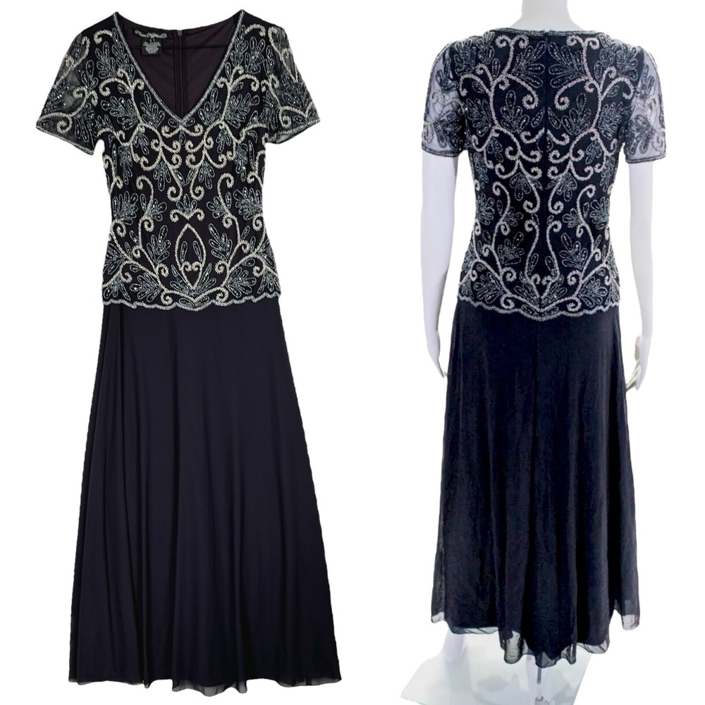 Pisarro Nights Beaded Overlay Evening Maxi Dress Gown Size 2 Blue Elegant Classy